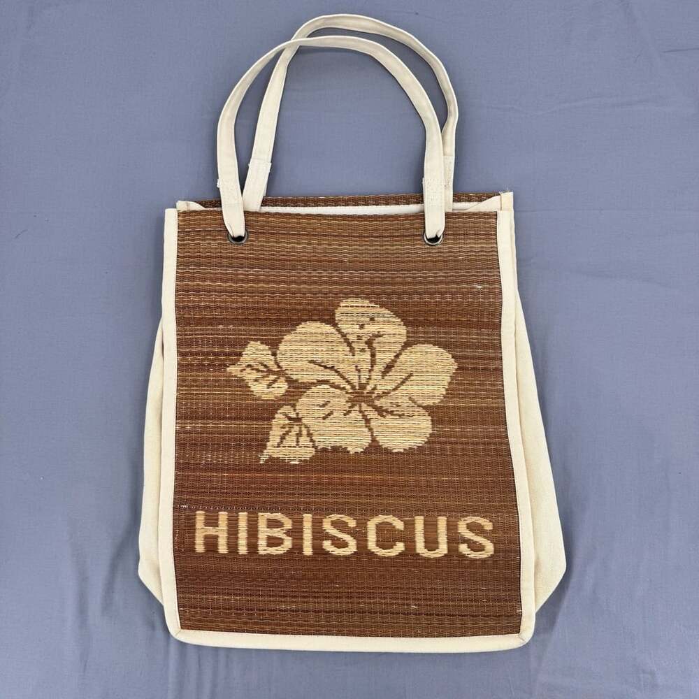 J.Crew Hibiscus Flower Woven Straw and Canvas Tote Bag